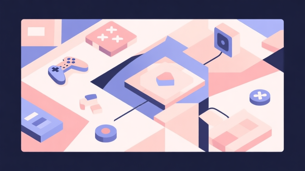 Abstract geometric composition with overlapping shapes representing game items and strategy, soft pastel colors, modern minimal style, professional gaming concept illustration high quality illustration, detailed, 16:9