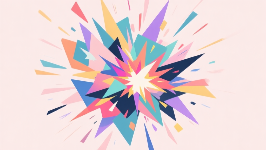 Abstract geometric composition with overlapping chaotic colorful shapes and explosion effects, soft pastel colors mixed with vibrant highlights, modern minimal style, digital chaos concept illustration high quality illustration, detailed, 16:9
