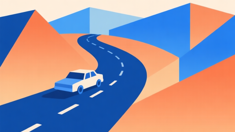 自动生成图片: Abstract geometric composition with overlapping shapes in blue and orange gradients, clean minimal style, representing a winding road and a simple car, professional game concept illustration high quality illustration, detailed, 16:9