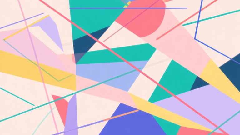 自动生成图片: Abstract geometric composition with overlapping colorful shapes and chaotic lines, soft pastel colors mixed with bright accents, modern minimal style, representing chaotic game mode challenge high quality illustration, detailed, 16:9