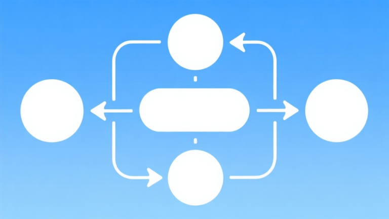 自动生成图片: Simple flowchart illustration with connected circles and arrows, light blue and white color scheme, clean minimal design, business presentation style high quality illustration, detailed, 16:9