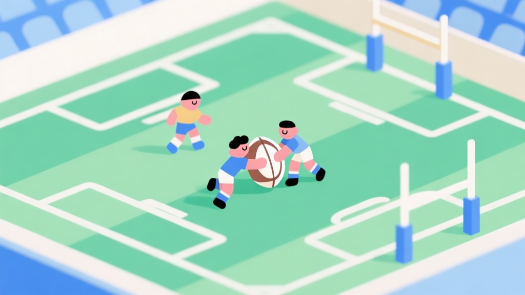 Simple geometric illustration of a playful rugby field with tiny character figures pushing a ball, soft green and blue pastel colors, clean minimal design, fun chaotic game scene high quality illustration, detailed, 16:9