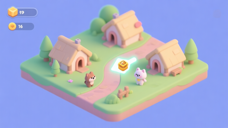 自动生成图片: A cheerful, minimalist isometric view of a beginner's village in a mobile game, showing a few simple huts, a winding path, and cute animal characters, with a glowing arrow pointing to a resource icon, soft pastel colors, clean game UI style high quality illustration, detailed, 16:9