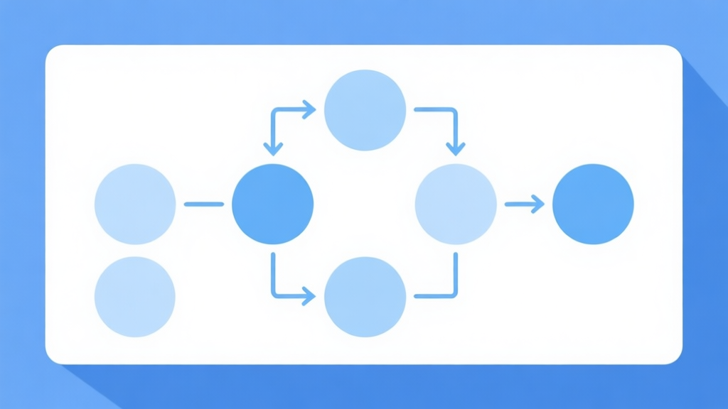Simple flowchart illustration with connected circles and arrows, light blue and white color scheme, clean minimal design, business presentation style high quality illustration, detailed, 16:9