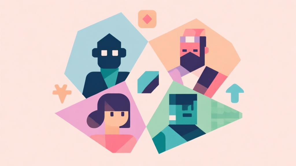 Abstract geometric composition with overlapping shapes representing different game characters and their synergies, soft pastel colors, modern minimal style, professional game strategy concept illustration high quality illustration, detailed, 16:9