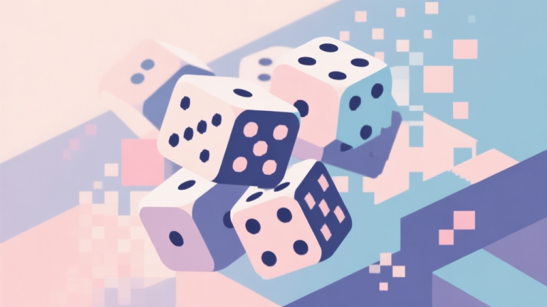 自动生成图片: Abstract geometric composition with overlapping physical dice and digital pixels merging, soft pastel colors, modern minimal style, professional game concept illustration high quality illustration, detailed, 16:9