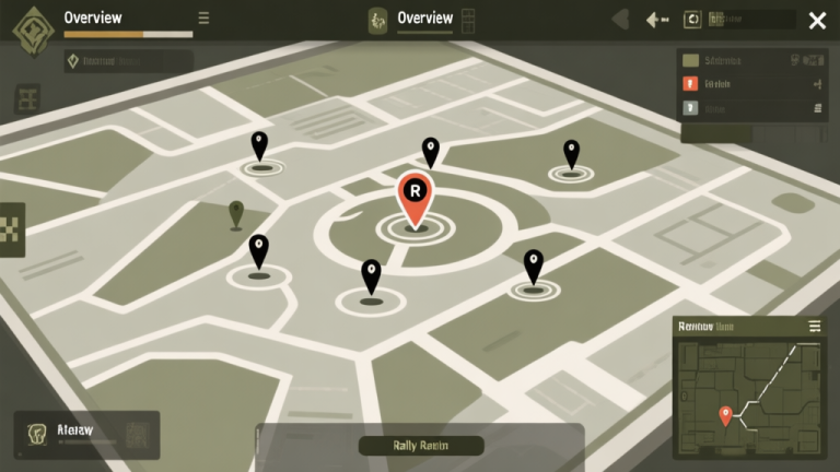 自动生成图片: Abstract tactical map overview with strategic rally point markers, clean lines, muted military color palette, minimalist game UI style, top-down perspective high quality illustration, detailed, 16:9