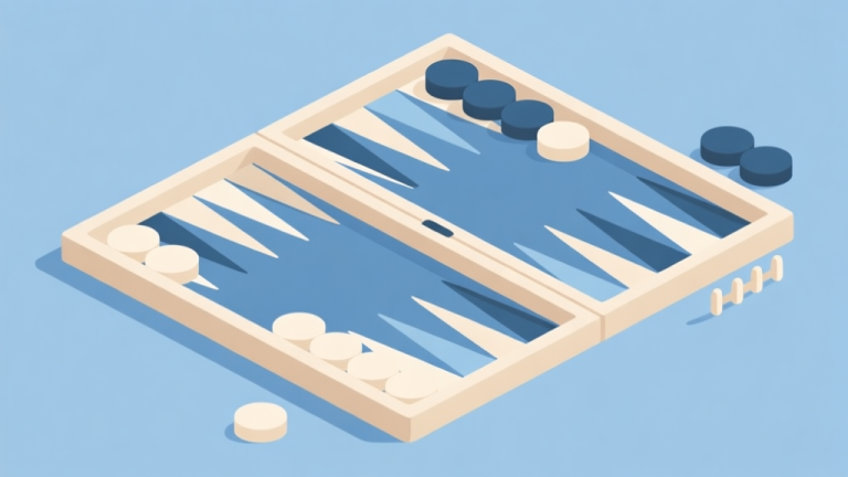自动生成图片: A clean, minimalist digital illustration of a Backgammon board with simple geometric pieces, showing the home boards and bar clearly, soft blue and beige color scheme, modern flat design high quality illustration, detailed, 16:9