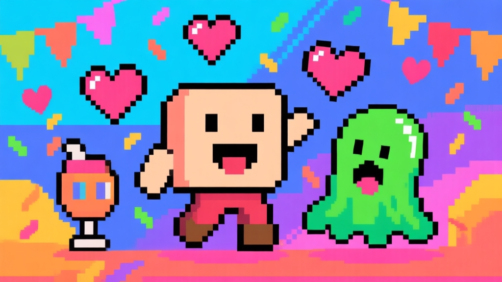A vibrant, pixel art style illustration showing a joyful celebration with classic 8-bit characters like a simple square hero, a pixelated slime enemy, and floating hearts on a colorful, limited-color palette background, evoking a festive retro game party high quality illustration, detailed, 16:9