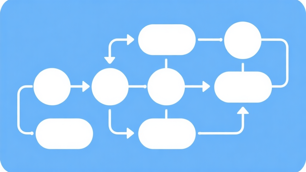 Simple flowchart illustration with connected circles and arrows, light blue and white color scheme, clean minimal design, business presentation style high quality illustration, detailed, 16:9