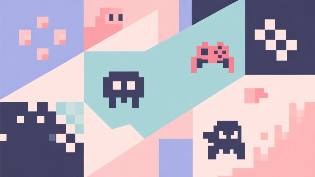 Abstract geometric composition with overlapping shapes representing game elements like pixels, enemies, and obstacles, soft pastel colors, modern minimal style, professional gaming concept illustration high quality illustration, detailed, 16:9