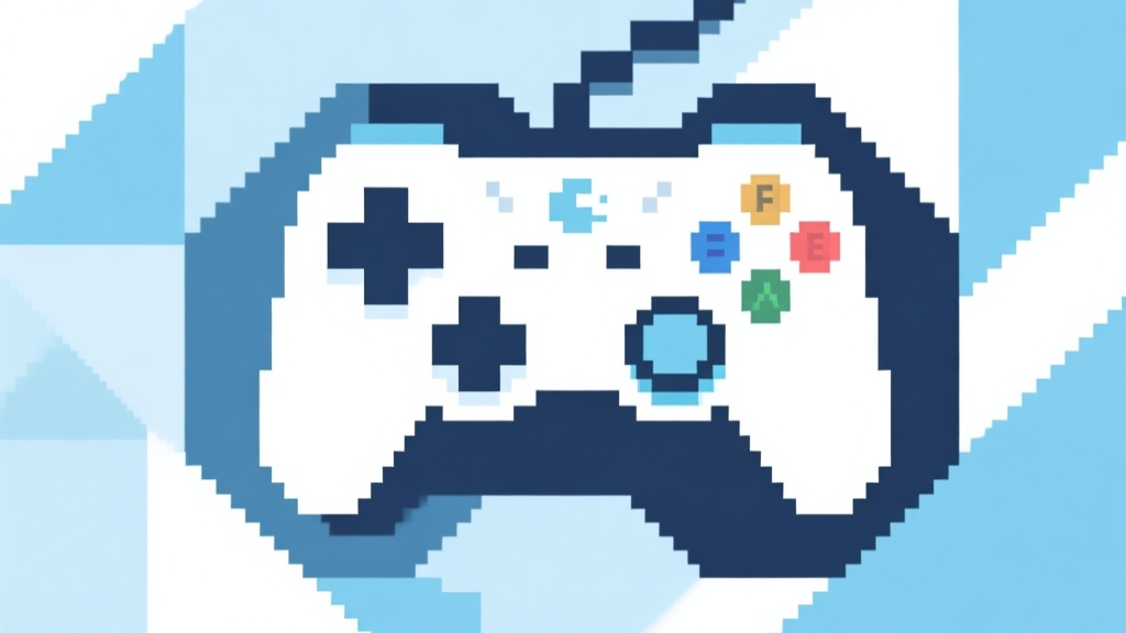 Abstract geometric composition with overlapping shapes representing folklore, pixel art, and modern game controller, soft pastel blues and whites, modern minimal style, professional gaming concept illustration high quality illustration, detailed, 16:9