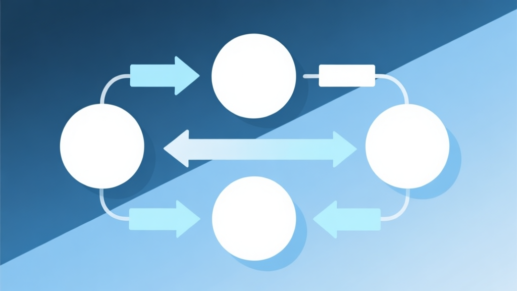 Simple flowchart illustration with connected circles and arrows, light blue and white color scheme, clean minimal design, business presentation style high quality illustration, detailed, 16:9