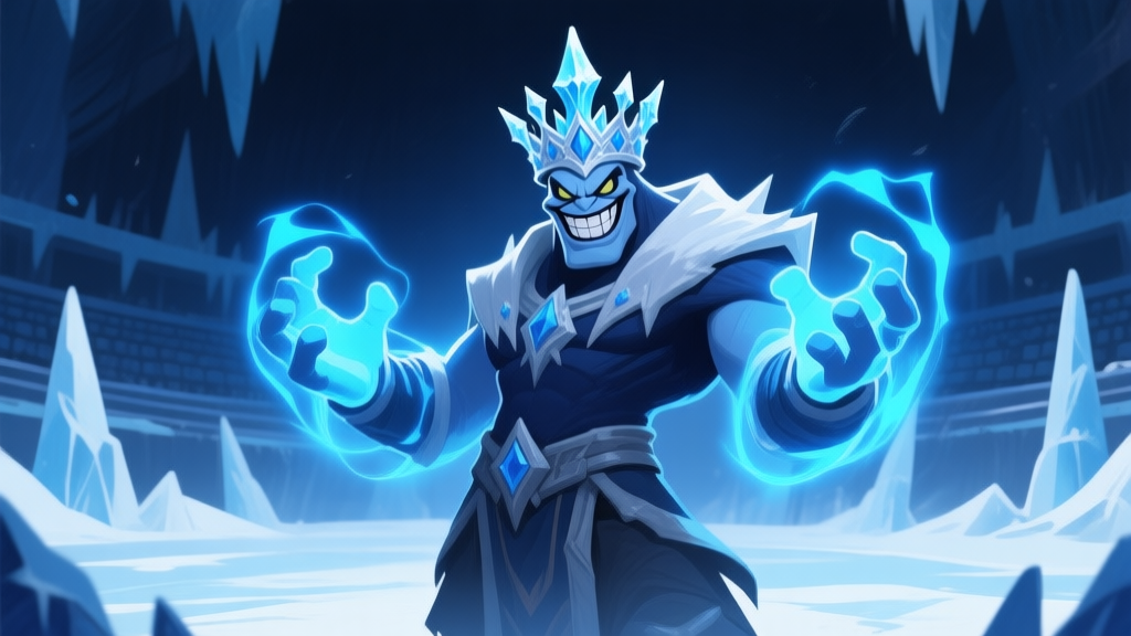 A stylized, intimidating video game boss character with an icy crown and a mischievous grin, standing in a frosty arena, glowing blue magical energy around its hands, digital art style, dark blue and white color palette high quality illustration, detailed, 16:9
