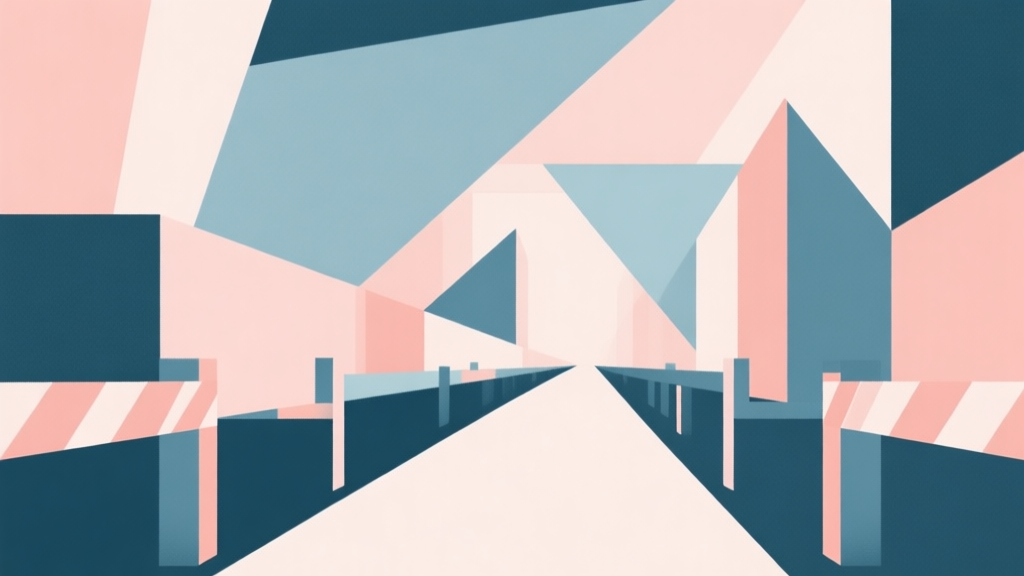 Abstract geometric composition with overlapping shapes representing obstacles and a clear path, soft pastel colors, modern minimal style, professional business concept illustration high quality illustration, detailed, 16:9