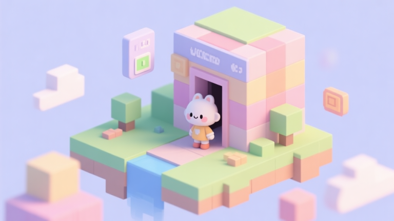 自动生成图片: A welcoming, minimalist isometric landscape with a cute character standing at the entrance of a vibrant, blocky world, soft pastel colors, clean game UI elements floating gently, inviting and beginner-friendly atmosphere high quality illustration, detailed, 16:9