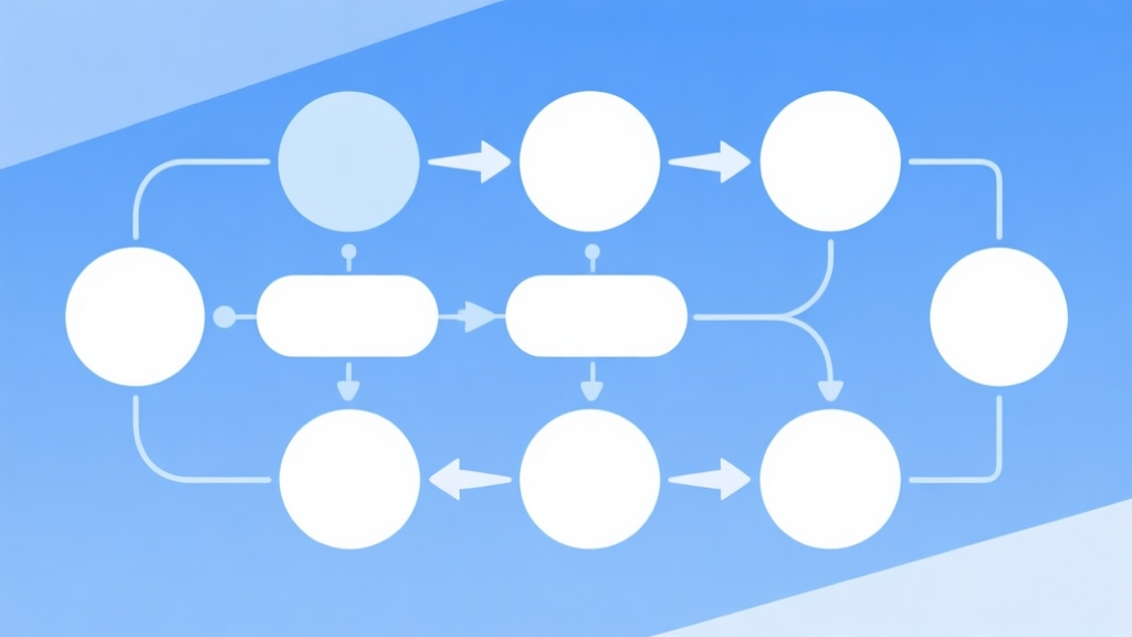 Simple flowchart illustration with connected circles and arrows, light blue and white color scheme, clean minimal design, business presentation style high quality illustration, detailed, 16:9