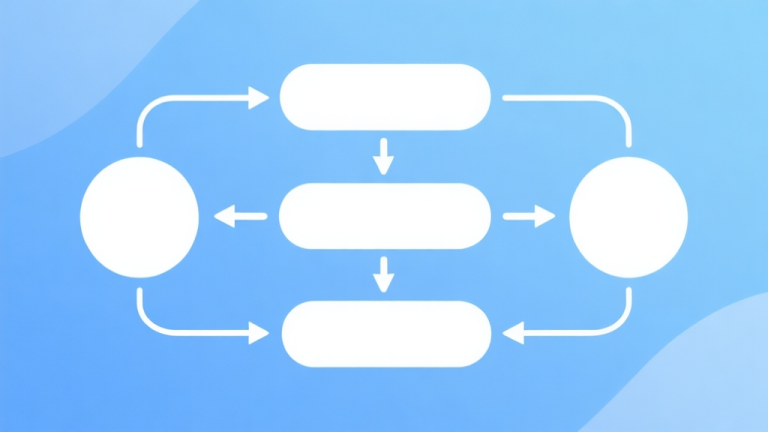 自动生成图片: Simple flowchart illustration with connected circles and arrows, light blue and white color scheme, clean minimal design, business presentation style high quality illustration, detailed, 16:9