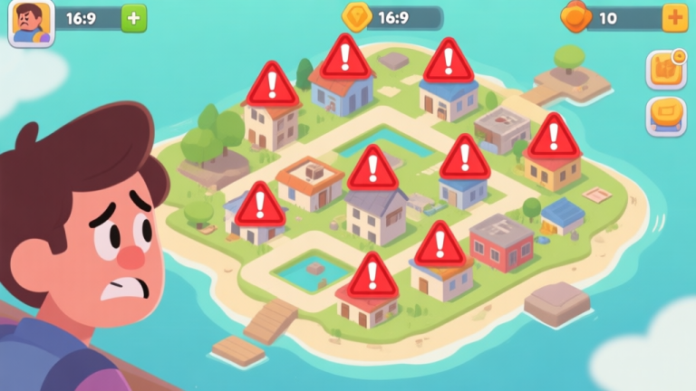 自动生成图片: A frustrated player looking at a cluttered, inefficient island layout in a mobile game, with red warning symbols over poorly placed buildings, cartoon style, soft colors high quality illustration, detailed, 16:9