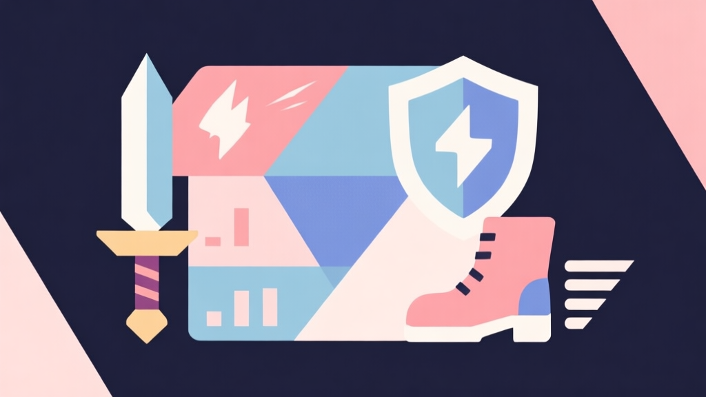 Abstract geometric composition with overlapping shapes representing game stats like sword (damage), shield (defense), and boot (speed), soft pastel colors, modern minimal style, professional gaming concept illustration high quality illustration, detailed, 16:9