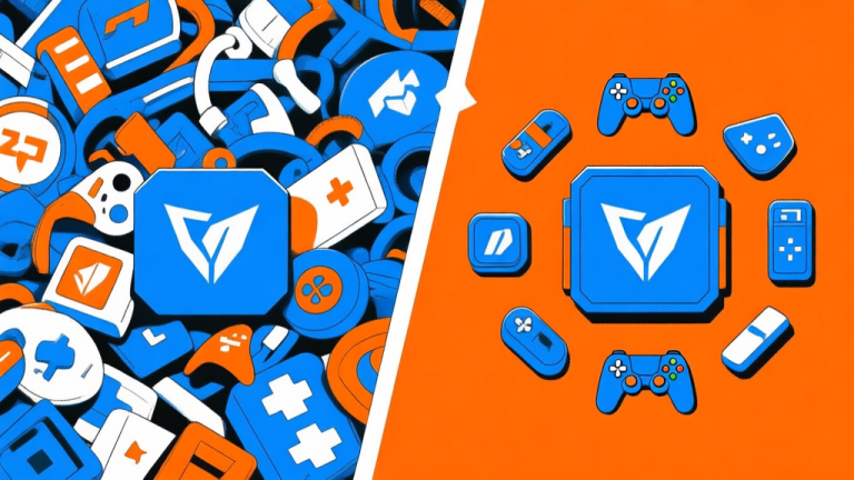 自动生成图片: A split-screen illustration showing a chaotic pile of mismatched game items on one side and a sleek, optimized set of items synergizing together on the other, using a blue and orange color scheme, clean esports graphic style high quality illustration, detailed, 16:9