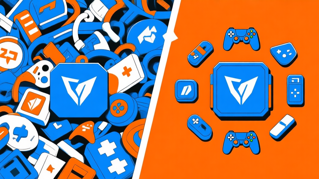 A split-screen illustration showing a chaotic pile of mismatched game items on one side and a sleek, optimized set of items synergizing together on the other, using a blue and orange color scheme, clean esports graphic style high quality illustration, detailed, 16:9