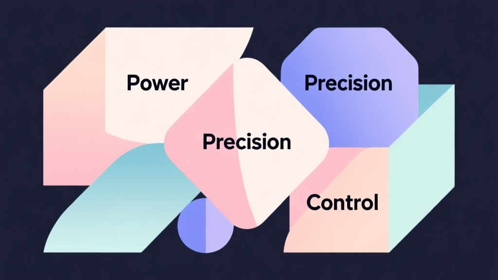 Abstract geometric composition with overlapping shapes labeled "Power", "Precision", "Control", soft pastel colors, modern minimal style, professional game analysis concept illustration high quality illustration, detailed, 16:9