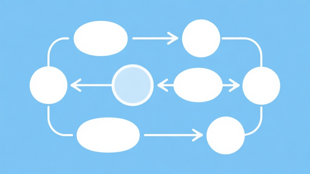 Simple flowchart illustration with connected circles and arrows, light blue and white color scheme, clean minimal design, business presentation style high quality illustration, detailed, 16:9