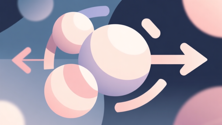 自动生成图片: Abstract geometric composition with overlapping simple ball shapes and arrows indicating movement, soft pastel colors, modern minimal style, professional game concept illustration high quality illustration, detailed, 16:9