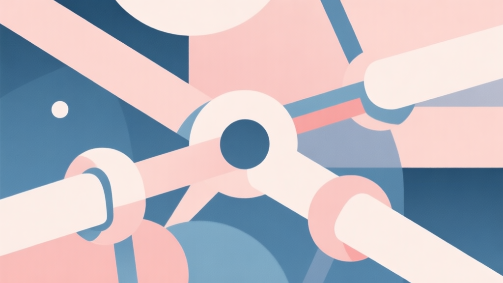 Abstract geometric composition with overlapping shapes representing joints and connections, soft pastel colors, modern minimal style, professional physics concept illustration high quality illustration, detailed, 16:9
