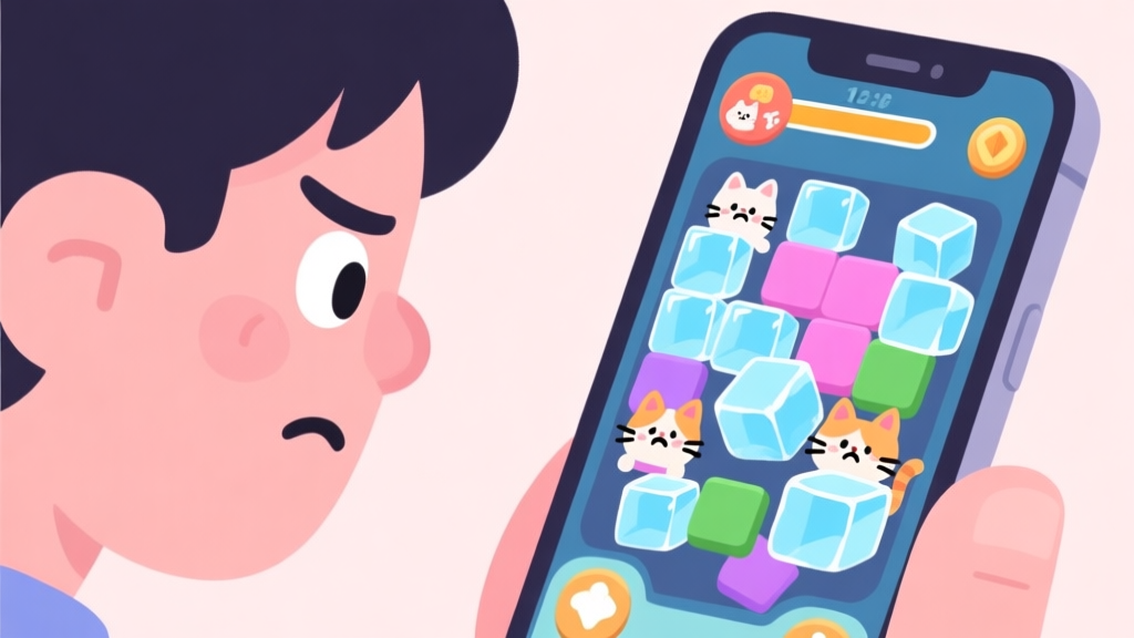 A frustrated player looking at a colorful, chaotic puzzle game screen on a mobile device, with cute cat characters and blocked ice tiles, minimalist illustration style, soft pastel colors high quality illustration, detailed, 16:9