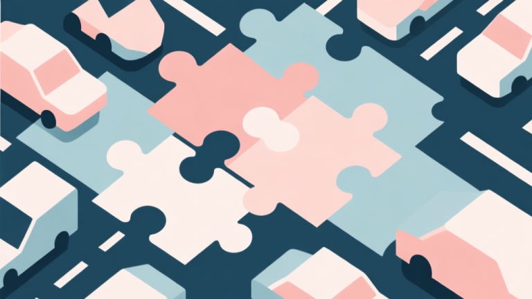自动生成图片: Abstract geometric composition with overlapping shapes representing puzzle pieces, soft pastel colors, modern minimal style, professional business concept illustration of a traffic jam or gridlock high quality illustration, detailed, 16:9