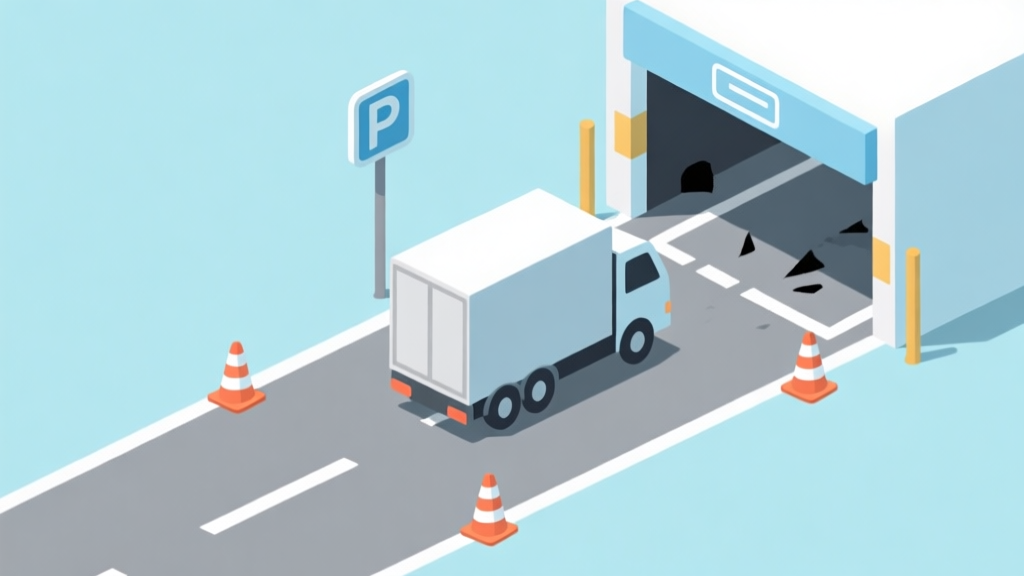 Simple flowchart illustration with a truck icon approaching a parking bay with hidden obstacles like cones and poles, light blue and grey color scheme, clean minimal design, simulation game concept high quality illustration, detailed, 16:9
