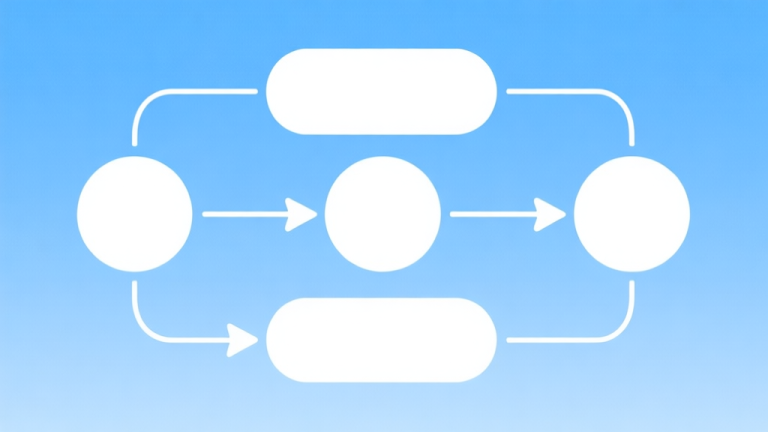 自动生成图片: Simple flowchart illustration with connected circles and arrows, light blue and white color scheme, clean minimal design, business presentation style high quality illustration, detailed, 16:9