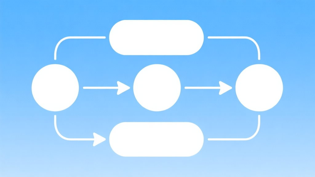 Simple flowchart illustration with connected circles and arrows, light blue and white color scheme, clean minimal design, business presentation style high quality illustration, detailed, 16:9