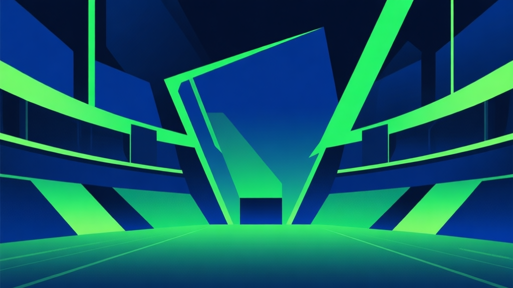 Abstract geometric composition with overlapping shapes in dark blue and neon green, representing a futuristic arena, clean minimal style, professional game concept illustration high quality illustration, detailed, 16:9