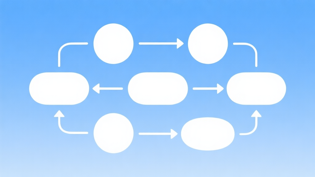 Simple flowchart illustration with connected circles and arrows, light blue and white color scheme, clean minimal design, business presentation style high quality illustration, detailed, 16:9