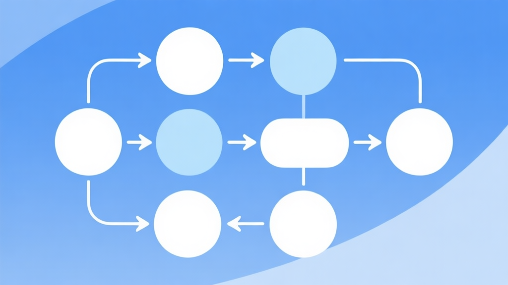 Simple flowchart illustration with connected circles and arrows, light blue and white color scheme, clean minimal design, business presentation style high quality illustration, detailed, 16:9