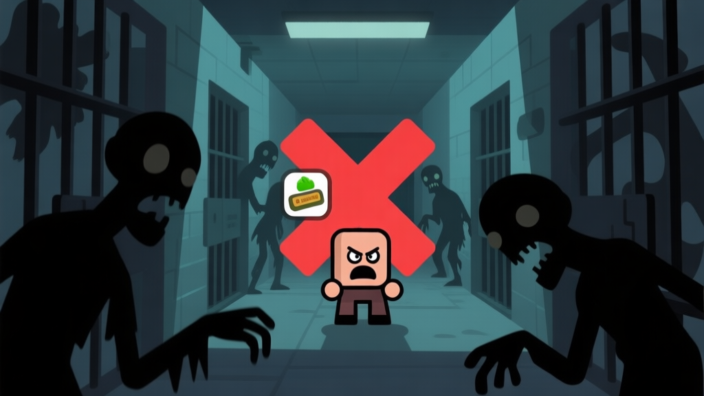 A frustrated game character in a dimly lit prison corridor, surrounded by abstract zombie silhouettes, with a large red "X" over a poor resource management icon, minimalist game art style, soft dark colors high quality illustration, detailed, 16:9