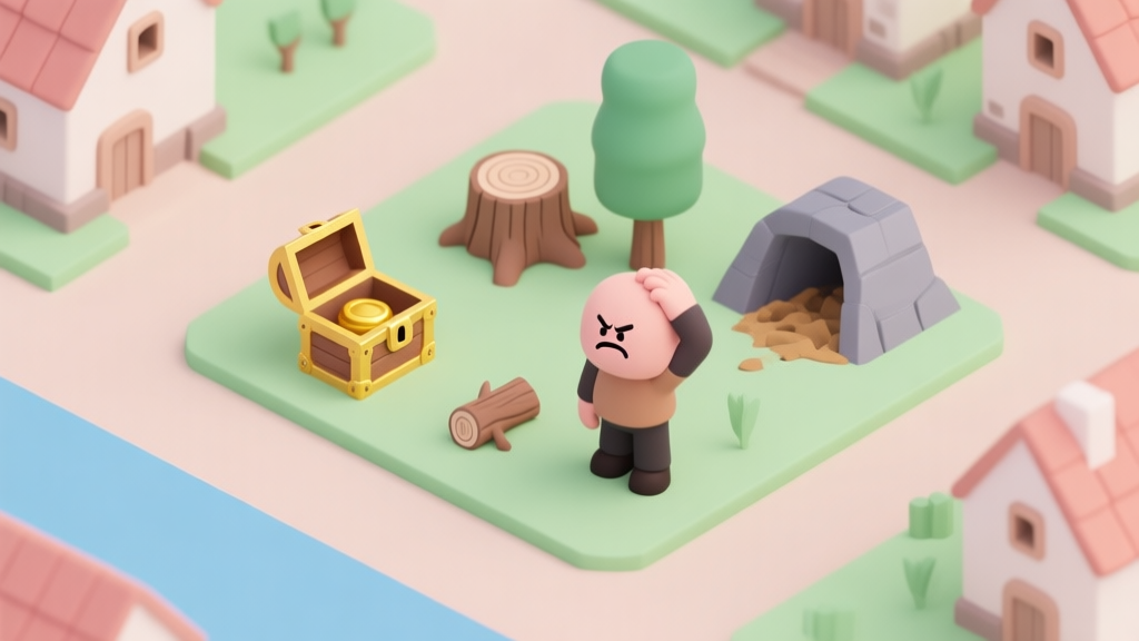 A minimalist isometric illustration of a game village with depleted resource icons (empty gold chest, chopped tree stump, dry mine), a frustrated cartoon character scratching head, soft pastel colors, clean lines high quality illustration, detailed, 16:9