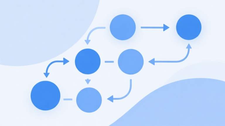 自动生成图片: Simple flowchart illustration with connected circles and arrows, light blue and white color scheme, clean minimal design, business presentation style high quality illustration, detailed, 16:9