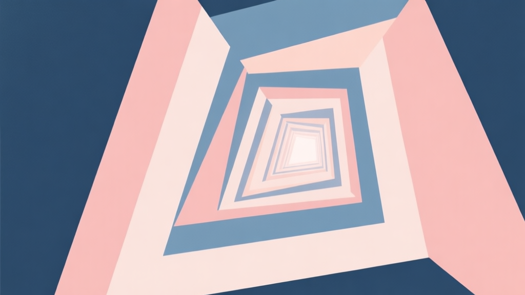 Abstract geometric composition with overlapping shapes in a tunnel perspective, soft pastel colors, modern minimal style, professional game difficulty concept illustration high quality illustration, detailed, 16:9