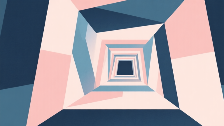 自动生成图片: Abstract geometric composition with overlapping shapes in a tunnel-like perspective, soft pastel colors, modern minimal style, professional game strategy concept illustration high quality illustration, detailed, 16:9