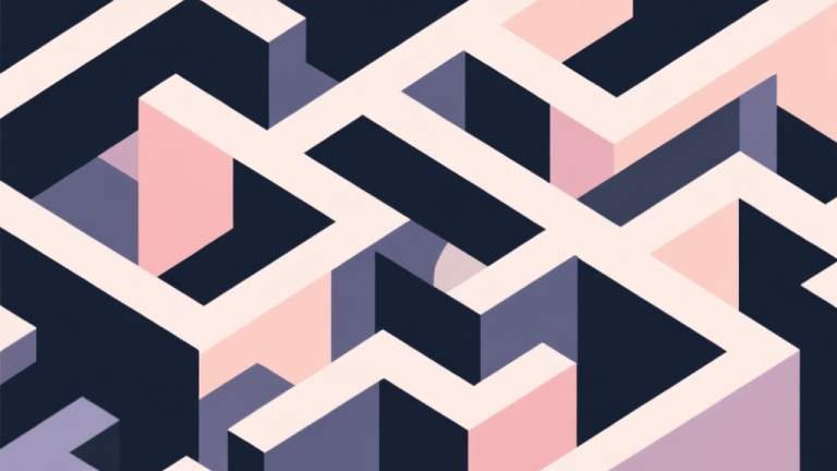 自动生成图片: Abstract geometric composition with overlapping shapes in dark and light tones, creating a sense of maze or puzzle, soft pastel colors, modern minimal style, professional game concept illustration high quality illustration, detailed, 16:9