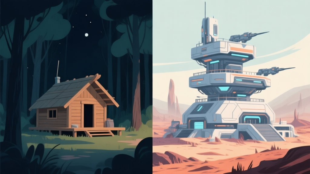 A split-screen concept art showing contrast: one side is a simple wooden shelter in a forest at night (for beginners), the other side is a complex multi-level futuristic base with defenses in a harsh biome (for veterans), minimalist illustration style, soft natural and technological color palette high quality illustration, detailed, 16:9