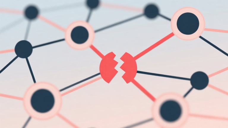 自动生成图片: Abstract network nodes connected by lines with a red broken link, soft color scheme, clean minimal illustration, modern digital concept of connection problem high quality illustration, detailed, 16:9