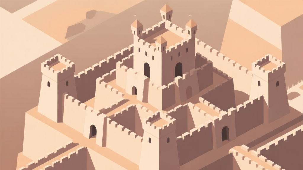 Abstract geometric fortress with layered walls and defensive towers, soft earthy color palette, clean lines, minimalist game strategy concept illustration high quality illustration, detailed, 16:9