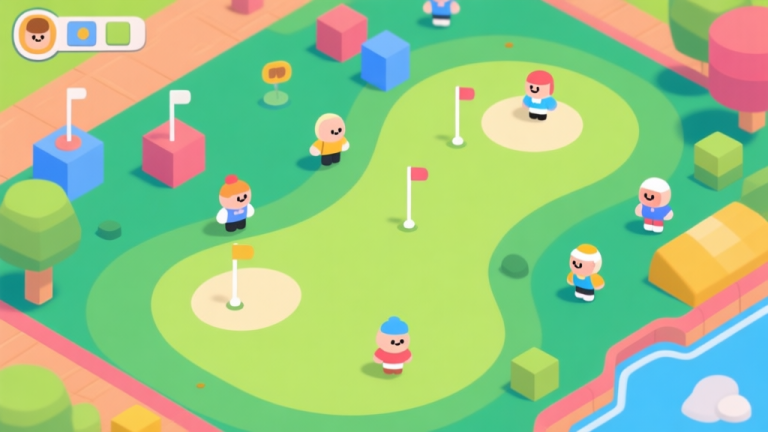自动生成图片: A cheerful, top-down view of a colorful golf course with simple geometric obstacles and multiple cute player avatars, in a bright and inviting video game art style, minimalist design high quality illustration, detailed, 16:9
