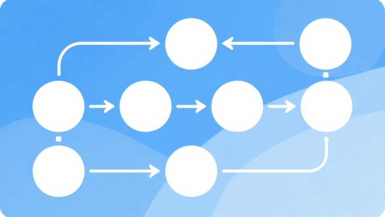 自动生成图片: Simple flowchart illustration with connected circles and arrows, light blue and white color scheme, clean minimal design, business presentation style high quality illustration, detailed, 16:9