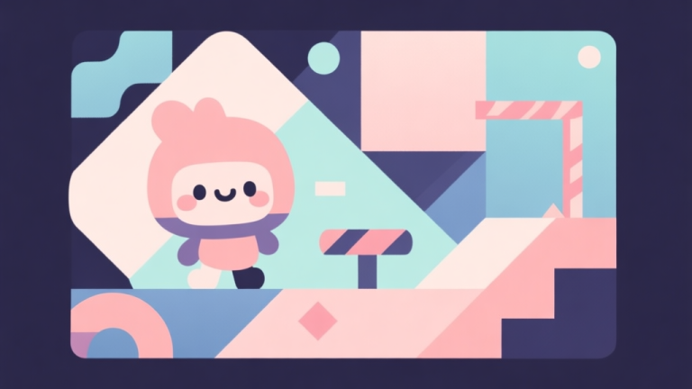 自动生成图片: Abstract geometric composition with overlapping shapes representing a cute character and challenging obstacles, soft pastel colors, modern minimal style, professional game concept illustration high quality illustration, detailed, 16:9